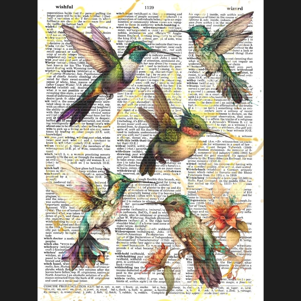 Hummingbird Party Nature Garden Flower Vintage Dictionary Art Print